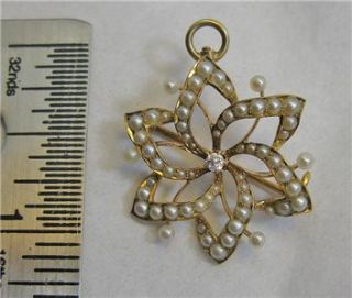 Vintage 14k 14kt Gold Pendant Brooch Genuine Diamond Seed Pearl