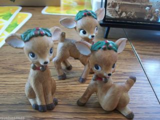 Vintage Lefton Deer 3pc Figurine Fawns w Foil Stickers