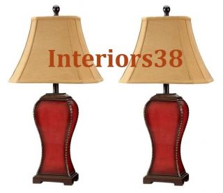 Set 2 Designer Nailhead Crackle Finish Red Table Hall Buffet Lamps