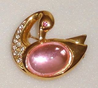 Vintage Pink Lucite Jelly Belly Design Crystal Swan Brooch