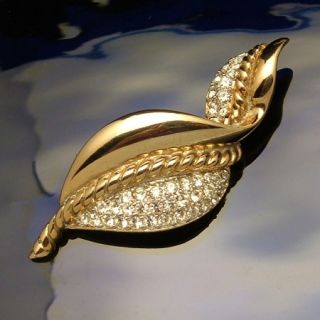 Craft Designer Vintage Extra Large Curved Leaf Rhinestones Brooch Pin