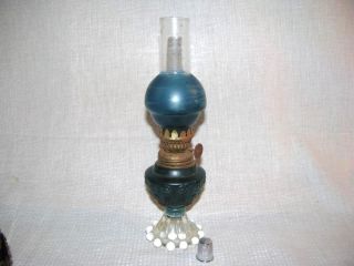 Vintage Blue Flashed GWTW Fisheye and Loops Pattern Miniature Oil Lamp