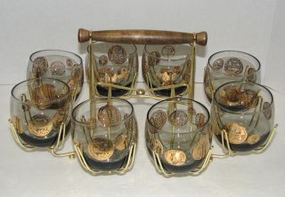 Set of 8 Dorothy Thorpe Gold Roman Coin Roly Poly Glasses in Carrier