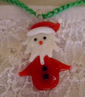 Christmas Necklace 14 Green Chain Lampwork Glass Santa Pendant Red