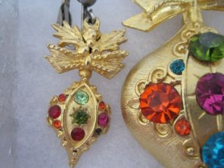 vtg dodds rhinestone ornament brooch pin earring set