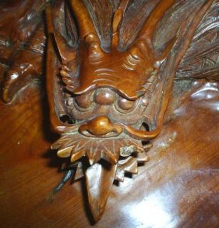 Huge Asian Dragon Carved Wood Tea Tray Antique Oriental