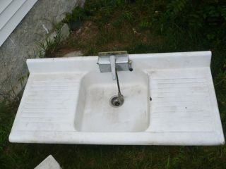 Vintage Enamel Farmhouse Kitchen Sink Double Drainboards