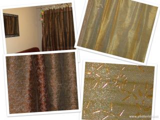 Organza Floral Sari Saree Curtains Drapes India Pair Block Print Gold