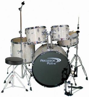 Percussion Plus Pearl White 5 Piece Drum Set with Throne