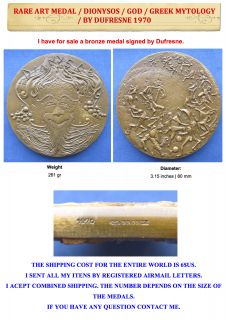 RARE Art Medal Dionysos God Greek Mytology by Dufresne 1970