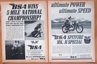 0021 Two Vintage 1966 BSA Motorcycle Ads Spitfire MK II BSA Racing