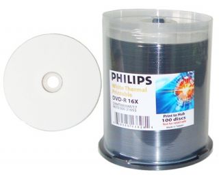 100 Philips DVD R 16x White Thermal Hub Printable Disc
