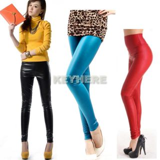 Hot 3 Colors Womens Honed High Waist Faux Leather Pants Tights