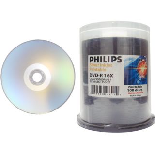100 Philips 16x DVD R Silver Inkjet Hub Printable Blank DVDR DVD Media