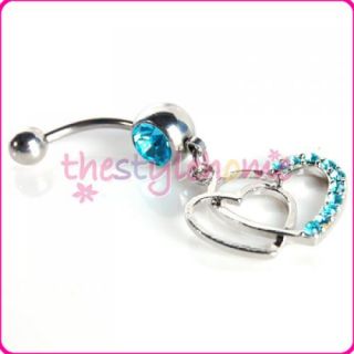 Double Heart Belly Button Navel Ring Dangle w Blue CZ