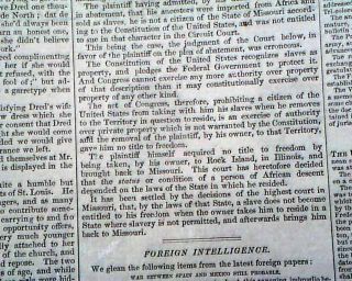 RARE Dred Scott Case Slavery 1857 Newspaper w Prints