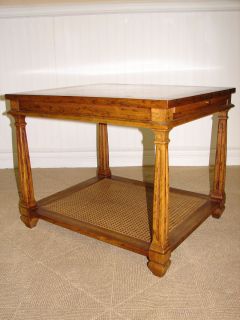 VINTAGE DREXEL END TABLE BURLED WALNUT AND CANE TWO TIER ACCENT TABLE