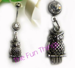 Dangle Owl Double CZ Belly Ring 14ga 7 16 Clear CZ Navel Ring Owl