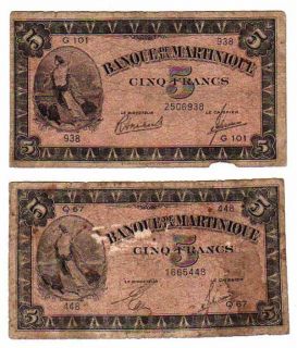 France Martinque Two 5 Francs Banknotes 1942 Scarce