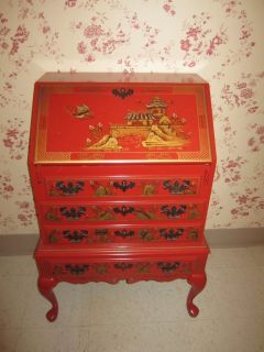  Oriental Regency Red Gold Decorated Drop Lid Secretary Desk