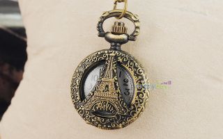 Steampunk Eiffel Tower Carved Pocket Watch Necklace Chain Bronze