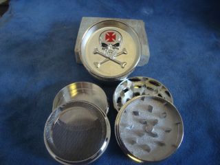 piece metal spice/herb grinder/muller, pollen screen deaths head lid