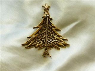 Beautiful Vintage Christmas Tree Red Rhinestone Signed MJ Ent Pin