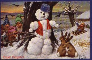 Dwarves Attack Snowman Rabbit TSN 934 Sign Arthur Thiele 1908 Great