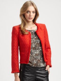 New Alice Olivia Estelle Wool Boxy Tweed Open Front Jacket in Red XS S