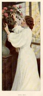 1904 Color Image of Stage Actress Edna May in White Gown Tending A