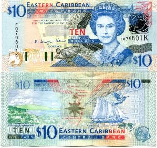 East Caribbean 10 Dollars 2003 P 43K UNC CV $28 QEII