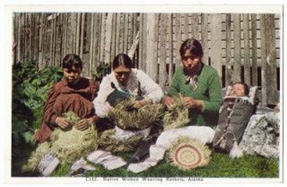 Alaska Eskimo Inuit c1920 Native American Women Weaving Baskets Child