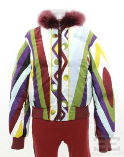 Emilio Pucci 2pc Cranberry Print Fox Fur Trim Ski Jacket Pants Set Sz