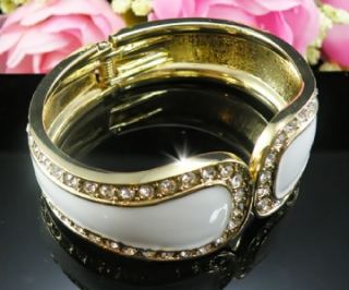 Elegant White Enameled Bangle Crystals Gold Hinged Bangle Bracelet