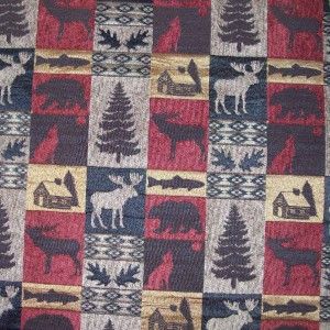 Fairbanks Red Upholstery and Tapestry Fabric Moose Bear Fish Log Cabin