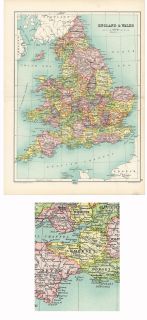 RARE Antique 1909 Cassells Atlas Map of England Wales