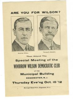 President Wilson Marshall Edgewater NJ Jugate Poster Broadside 1912