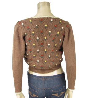 Vintage Edina Lena Wool Brown Crop Sweater s Diamond Hand Knit Flowers