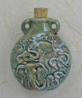 Raku Ceramic Bottle Necklace 2 Elephants Design New