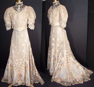 Belle Epoque Victorian Lace Applique Floral Silk Moire Skirt Bodice
