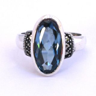 Elongated Faceted Blue Topaz Classic Cocktail Marcasite Sterling