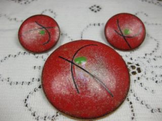 Vintage Matching Set Red Green Copper Metal Round Earring Brooch Pin