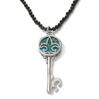  Block Turquoise Sterling Silver Key Pendant with Obsidian 36 Necklace