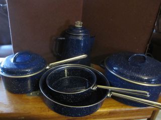  Pc Set of Blue & White Enamel Granite Ware Camping or Kitchen Cookware