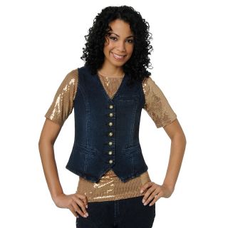 fitted stretch denim vest with crested buttons rating 47 $ 19 90 s h