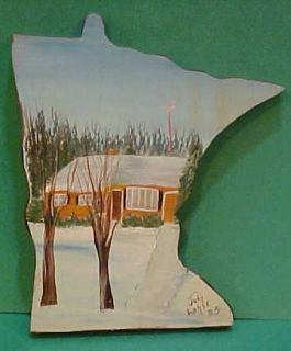 1983 Hand Oil Painted Elbow Lake Minnesota Cabin on Wood State Shaped