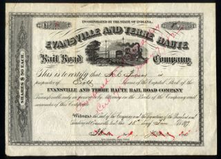 EVANSVILLE & TERRE HAUTE RAILROAD ~ Stock CERTIFICATE ~ c.1877 Indiana