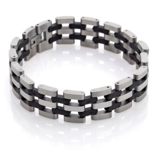 215 114 men s stainless steel and black rubber link 8 3 4 bracelet