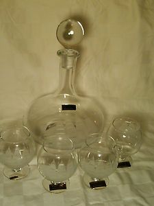 Vintage Toscany Etched Crystal Clipper Decanter 4 Snifter Set Nautical