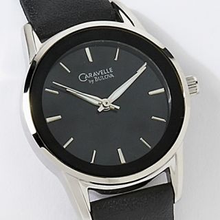 Caravelle Bulova Ladies Black Dial Leather Strap Watch at
